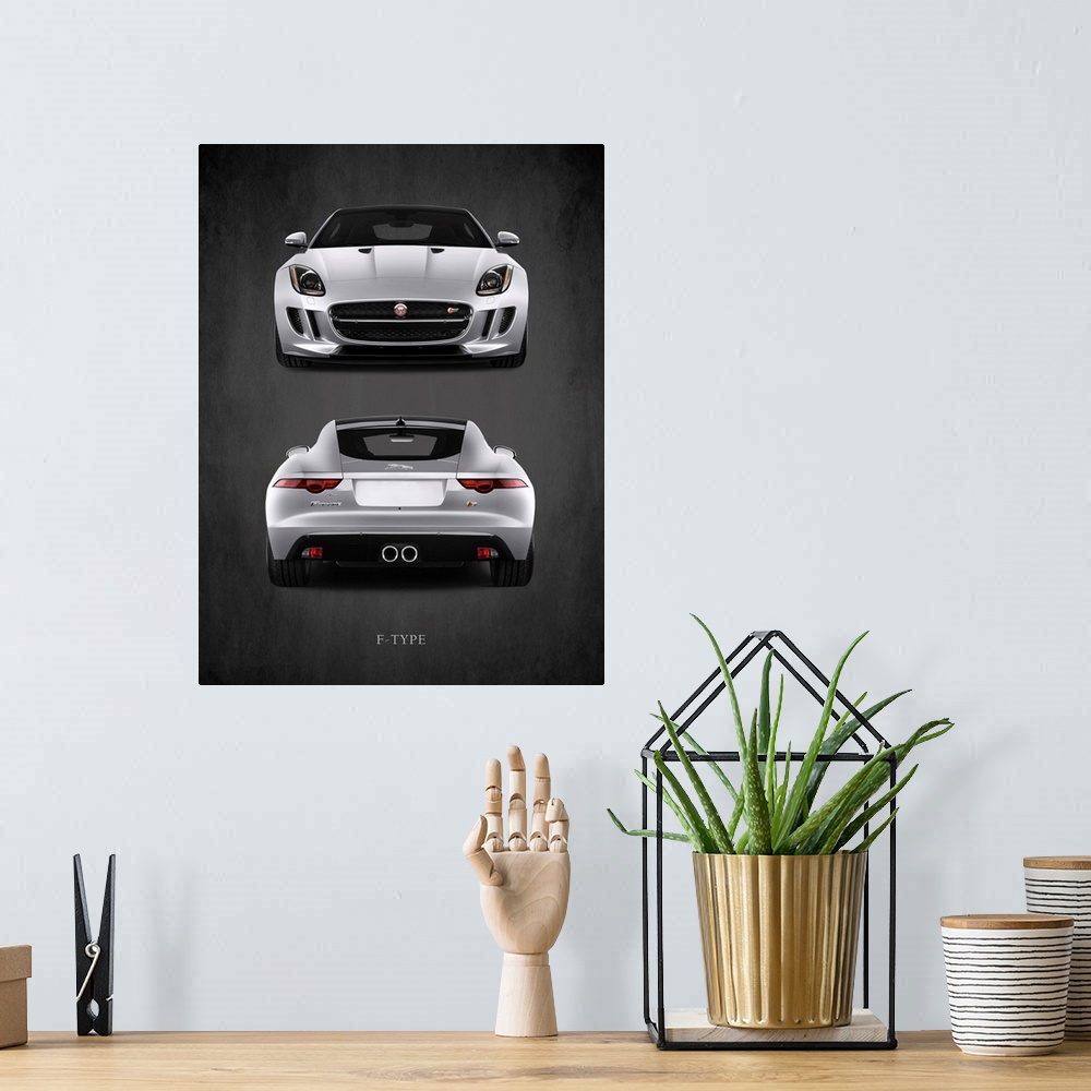 A bohemian room featuring Photograph of the front and back of a silver Jaguar F-Type printed on a black background with a d...