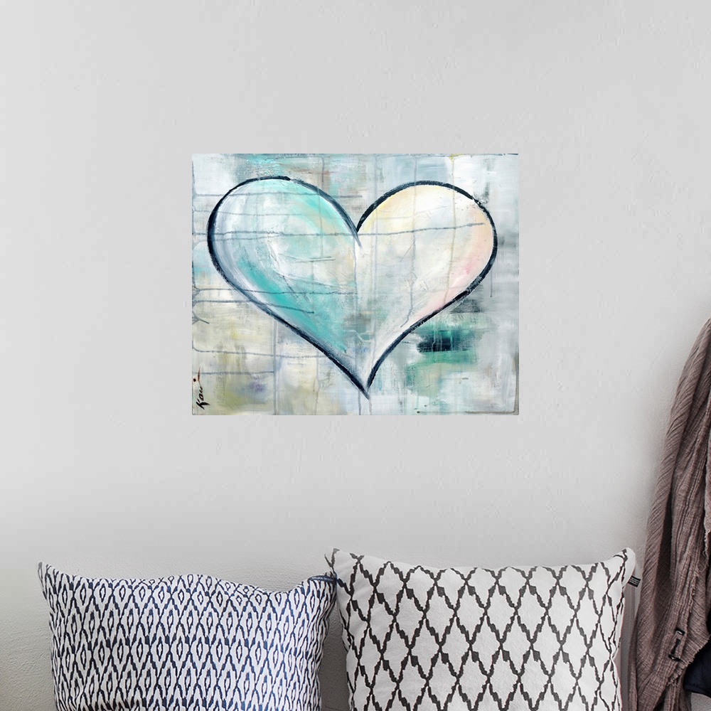A bohemian room featuring Contemporary abstract painting of a large heart outlined in black with a multi-colored background...