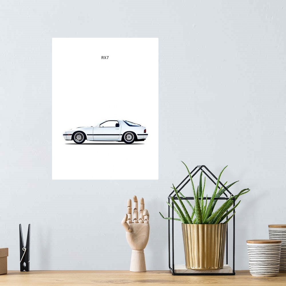 A bohemian room featuring Photograph of a white Mazda RX7 1988 printed on a white background