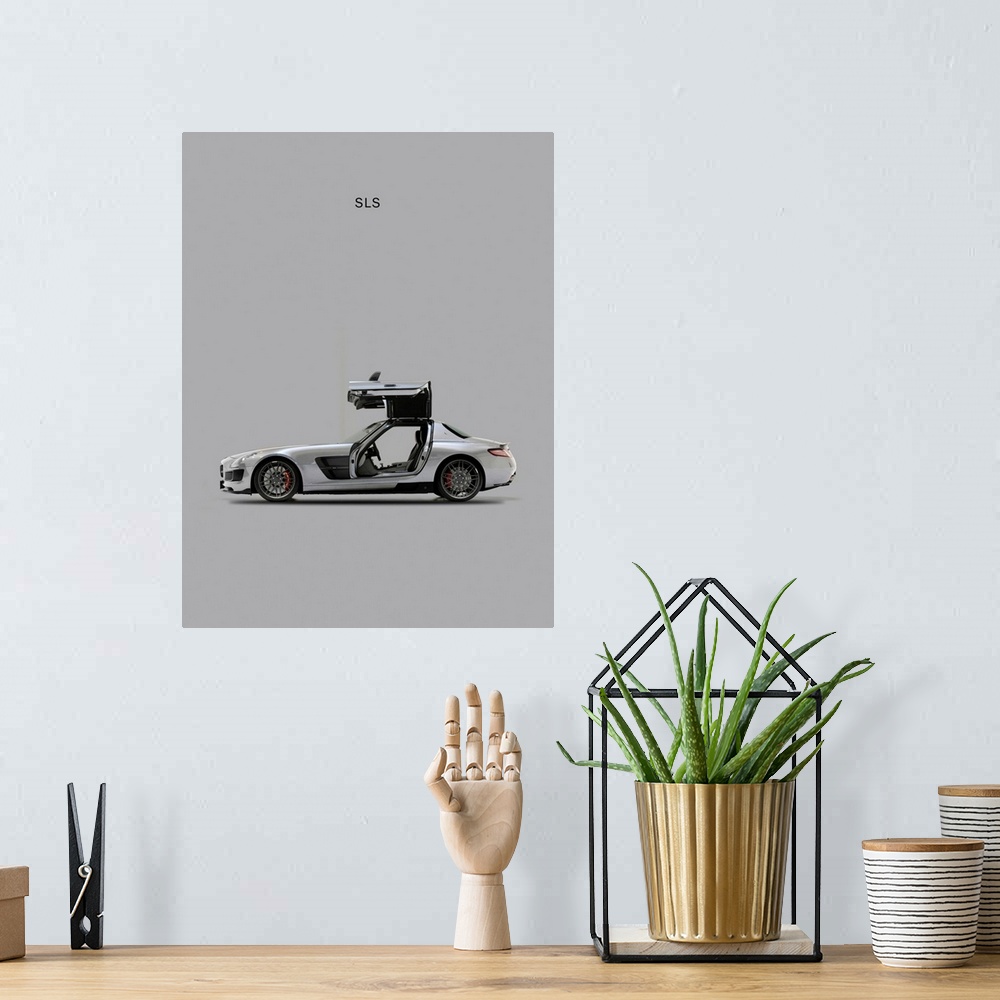 A bohemian room featuring Photograph of a grey Mercedes SLS printed on a grey background