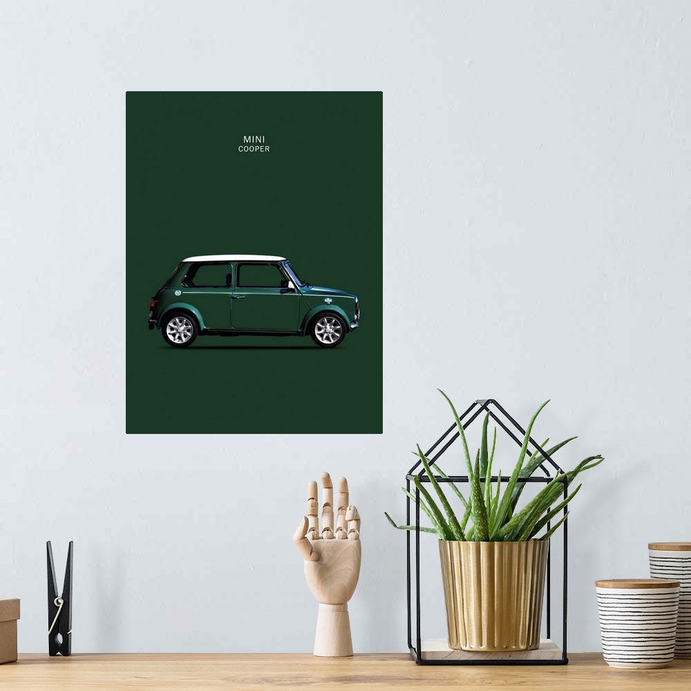 A bohemian room featuring Photograph of a dark green Mini Cooper 1999 with a white hood printed on a green background
