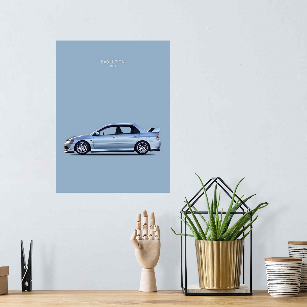 A bohemian room featuring Photograph of a silver Mitsubishi Lancer Evo. VIII printed on a gray-blue background