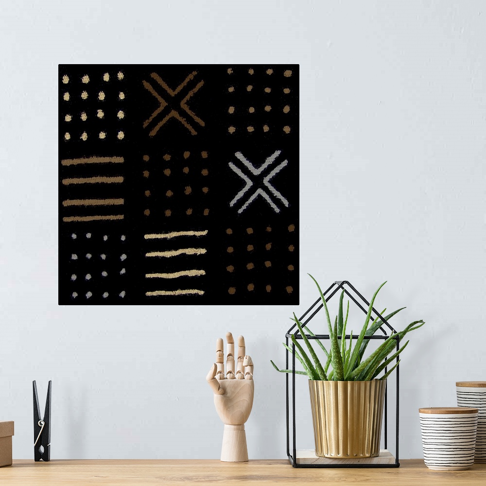 A bohemian room featuring Square abstract art created with patterned lines and dots in brown, tan, and gray on a black back...