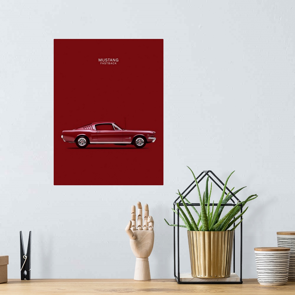 A bohemian room featuring Photograph of a maroon Mustang Fastback 65 printed on a maroon background