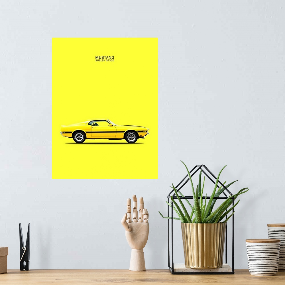 A bohemian room featuring Photograph of a yellow Mustang Shelby GT350 69 with a black stripe printed on a yellow background