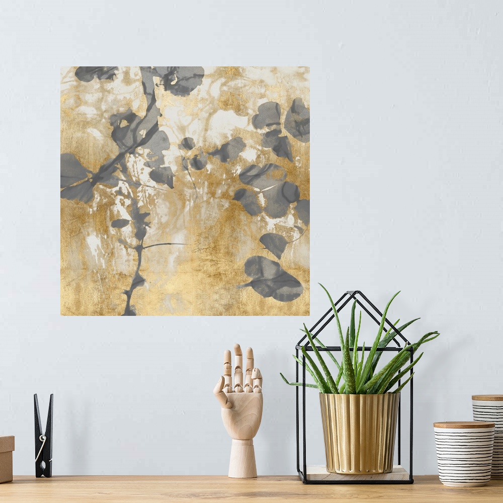 A bohemian room featuring Contemporary artwork featuring soft gray petals over a foil textured background in shades of gold.