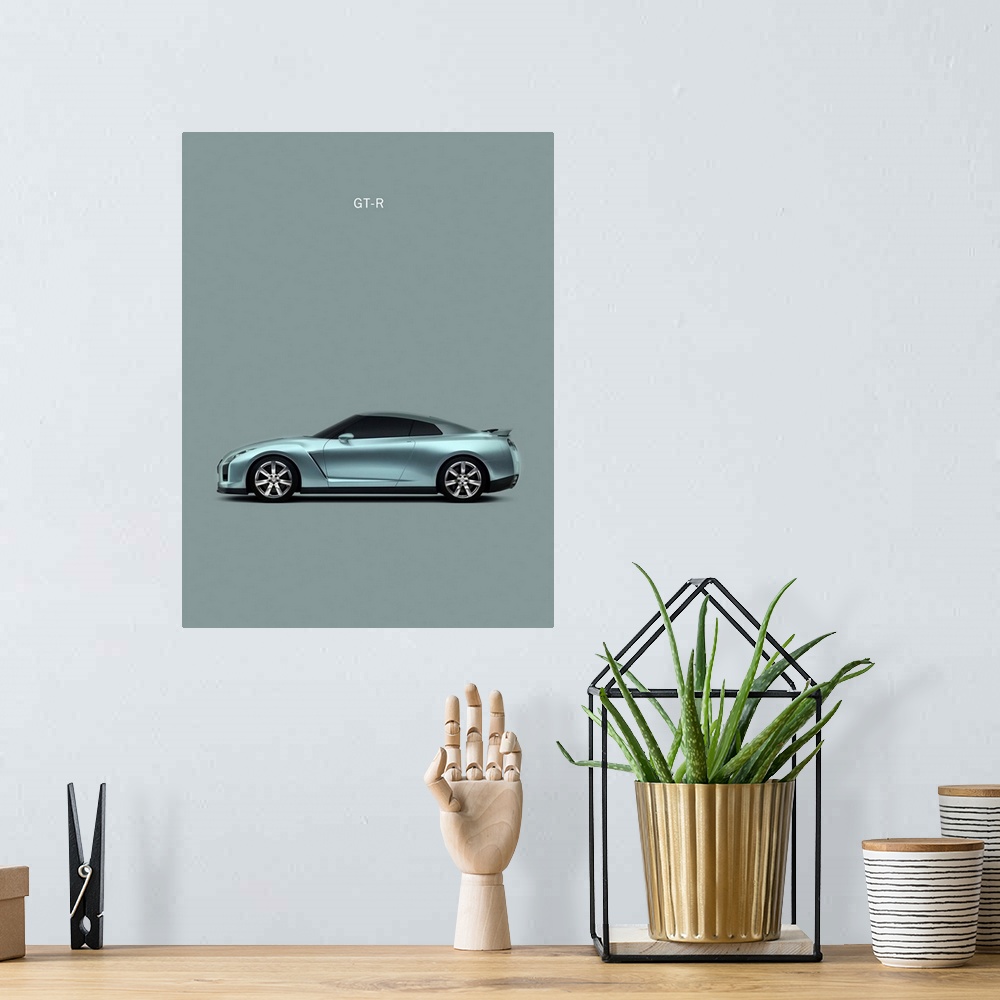 A bohemian room featuring Photograph of a Nissan GT-R printed on a gray background
