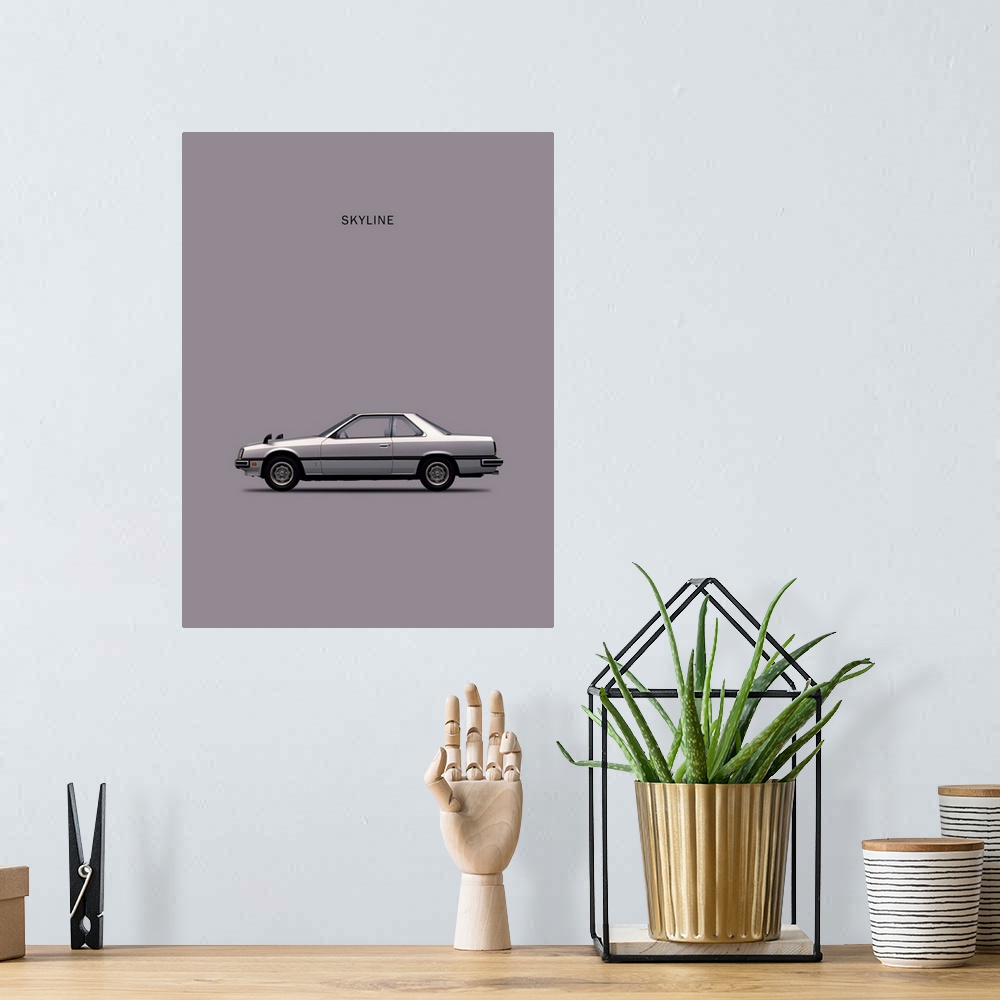 A bohemian room featuring Photograph of a silver Nissan Skyline 2000GT printed on a gray background