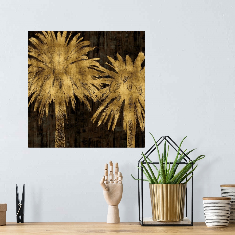 A bohemian room featuring Two gold palm trees on a black and brown textured background.