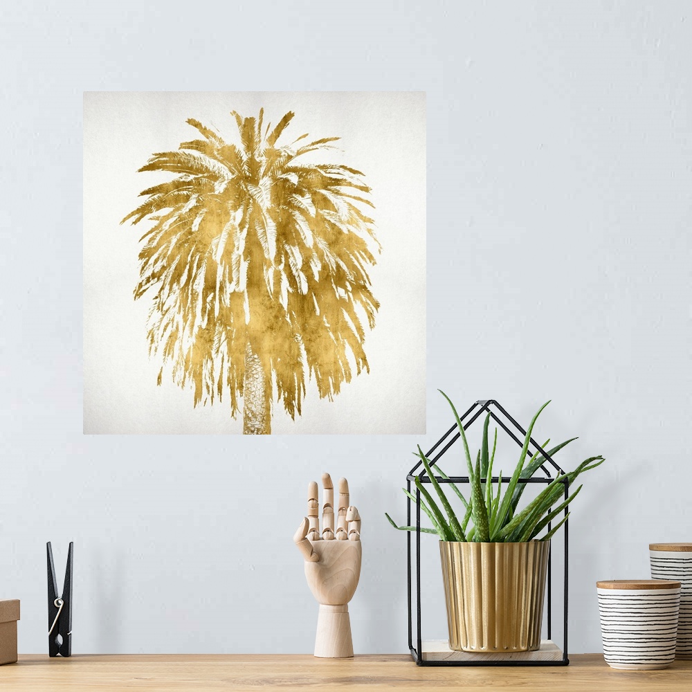 A bohemian room featuring Gold palm tree on a white background.