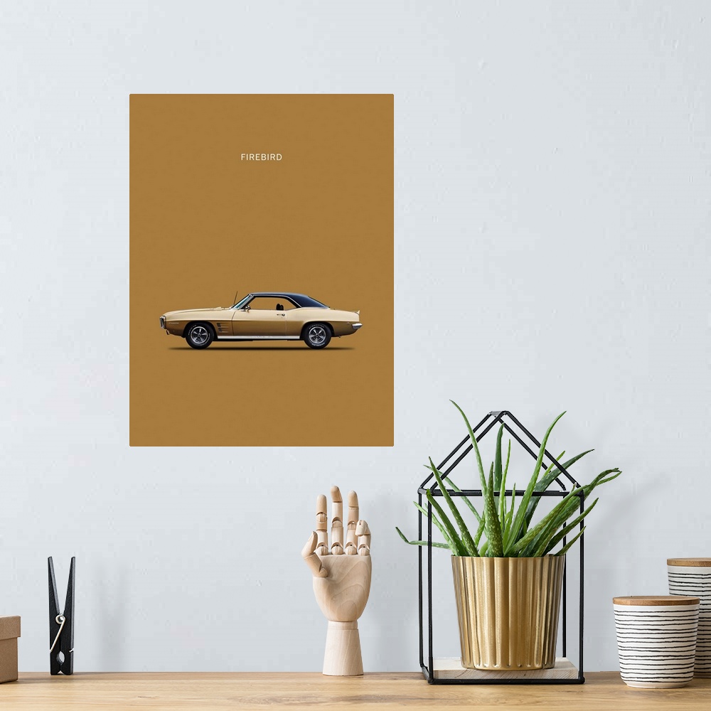 A bohemian room featuring Photograph of a gold Pontiac Firebird 1969 printed on a gold background