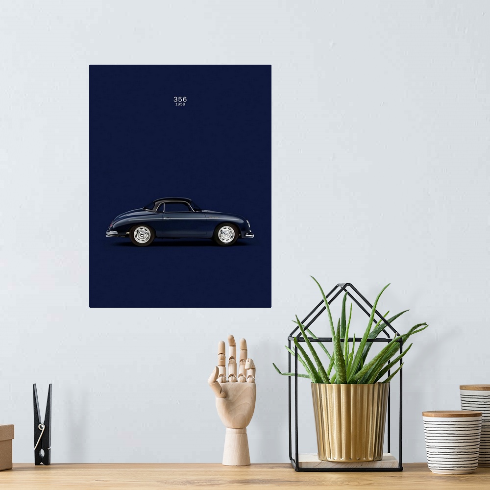 A bohemian room featuring Photograph of a navy blue Porsche 356 1958 Blue printed on a navy blue background