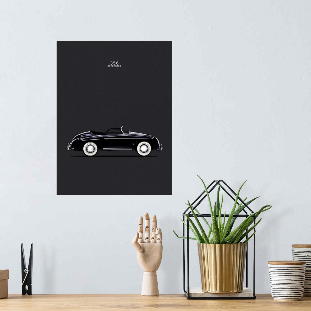 A bohemian room featuring Photograph of a black Porsche 356 Speedster printed on a black background