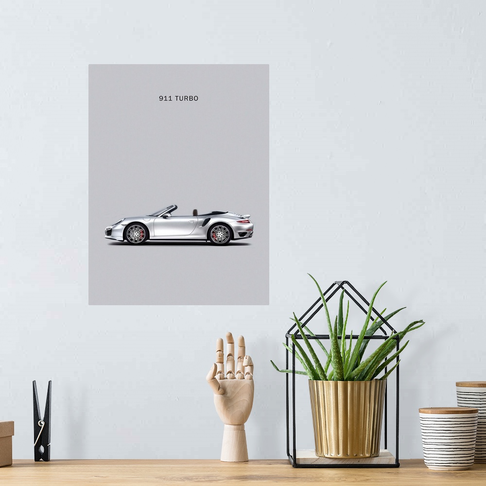 A bohemian room featuring Photograph of silver Porsche 911 Turbo Grey printed on a gray background
