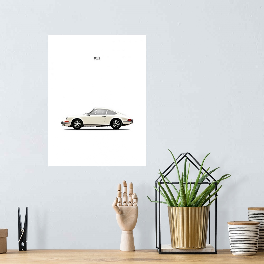 A bohemian room featuring Photograph of a white Porsche 911E 1968 printed on a white background