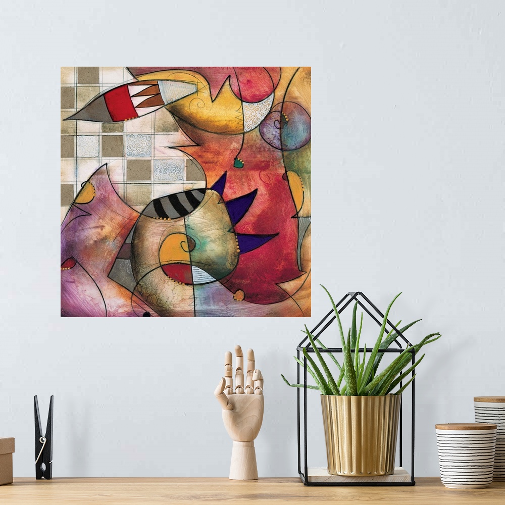A bohemian room featuring Primo I by Eric Waugh.  A colorful square abstract painting of striking shapes against a checkere...