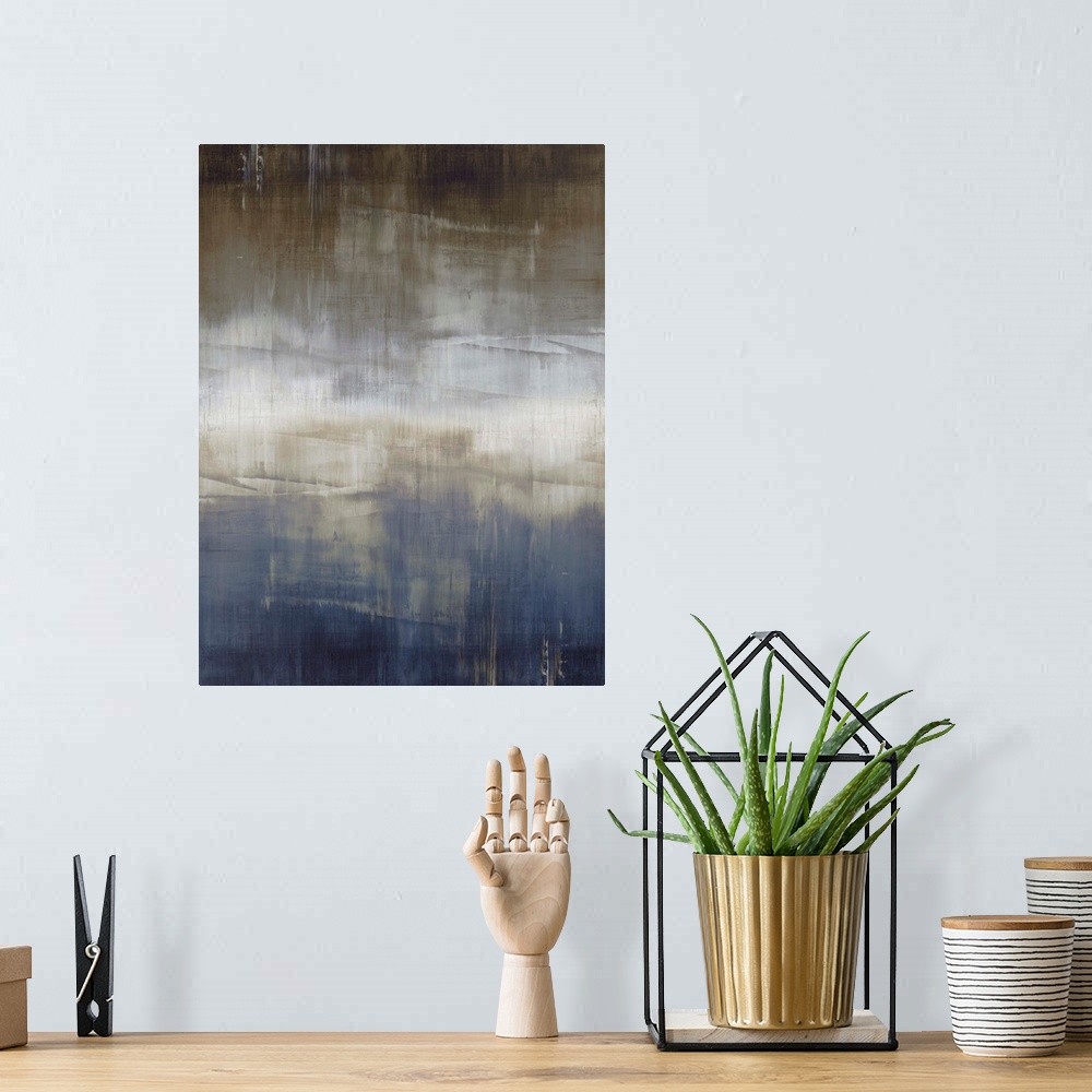 A bohemian room featuring Abstract artwork of vertical brush strokes in blue, white and brown with visible horizontal lines...