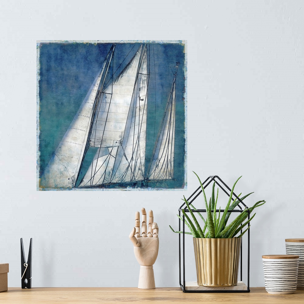 A bohemian room featuring Square decor with sailboat sails in shades of blue and white.
