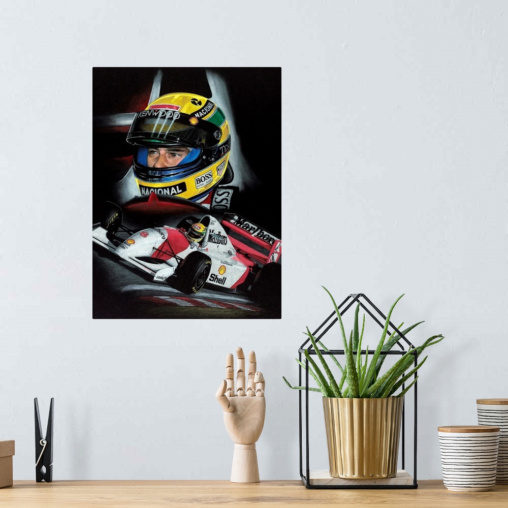 A bohemian room featuring Illustration with a composite of a driver and a Marlboro/Shell Formula One car  in action.