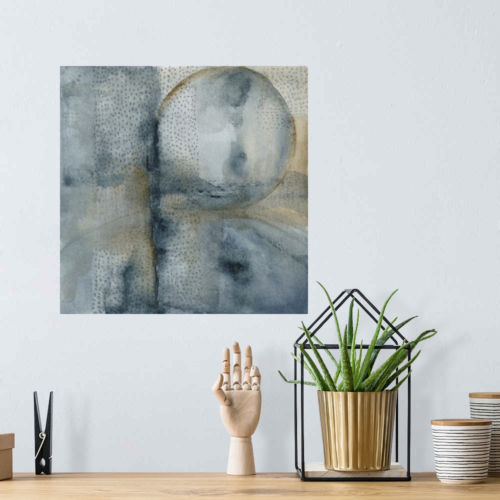 A bohemian room featuring This contemporary artwork is a series of flowing watercolor backgrounds featuring a circular shap...
