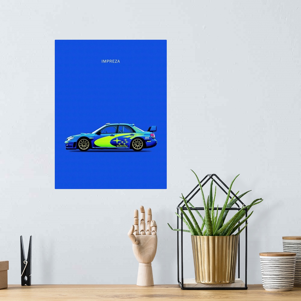 A bohemian room featuring Photograph of a blue Subaru Impreza with bright green decals printed on a blue background