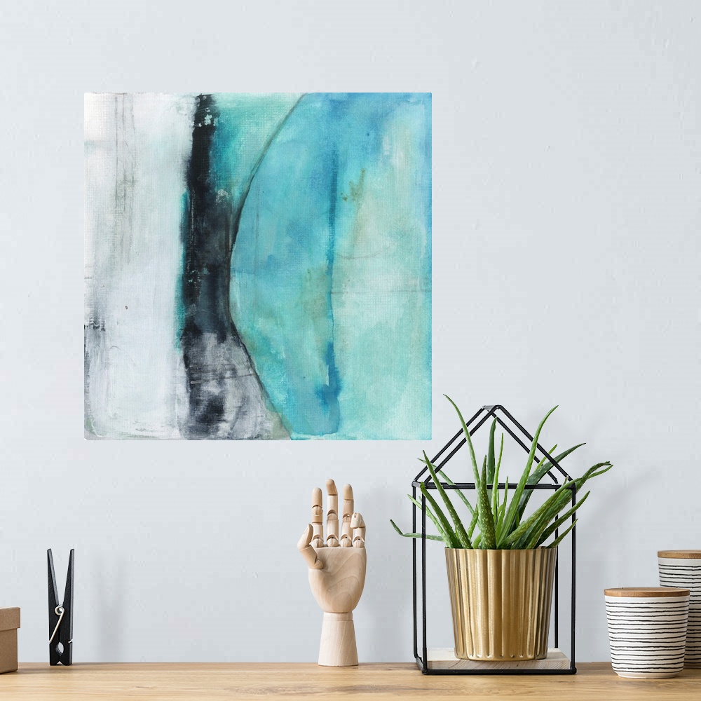 A bohemian room featuring Square abstract painting created with shades of blue and black with a section of white-gray on th...