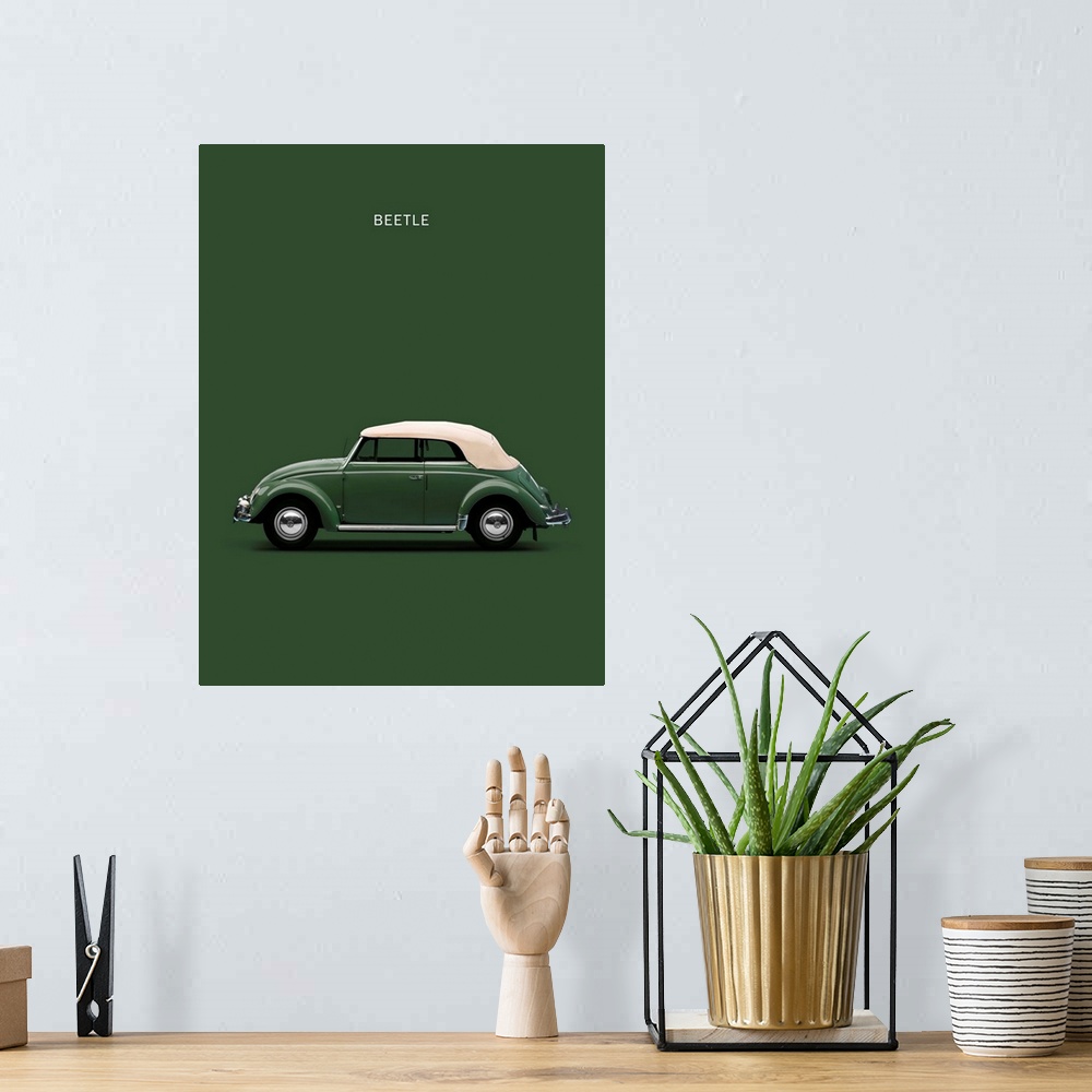 A bohemian room featuring Photograph of a dark green VW Beetle Green 53 with a cream hood printed on a green background