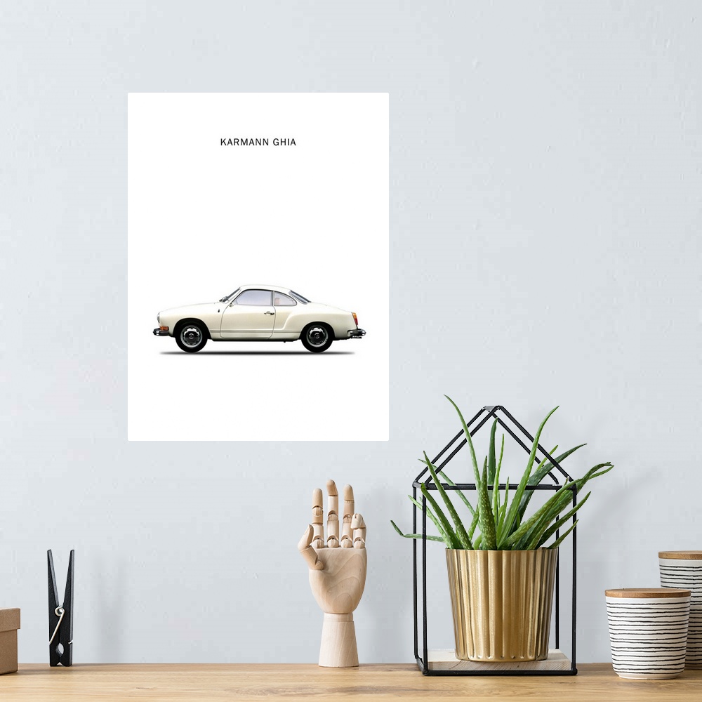 A bohemian room featuring Photograph of a white VW Karmann Ghia 1970 printed on a white background