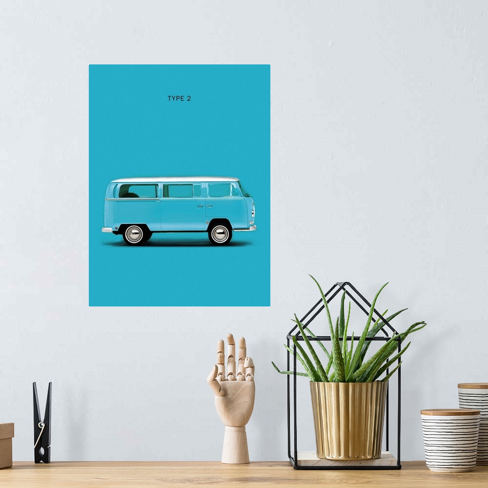 A bohemian room featuring Photograph of a sky blue VW Type 2 printed on a blue background