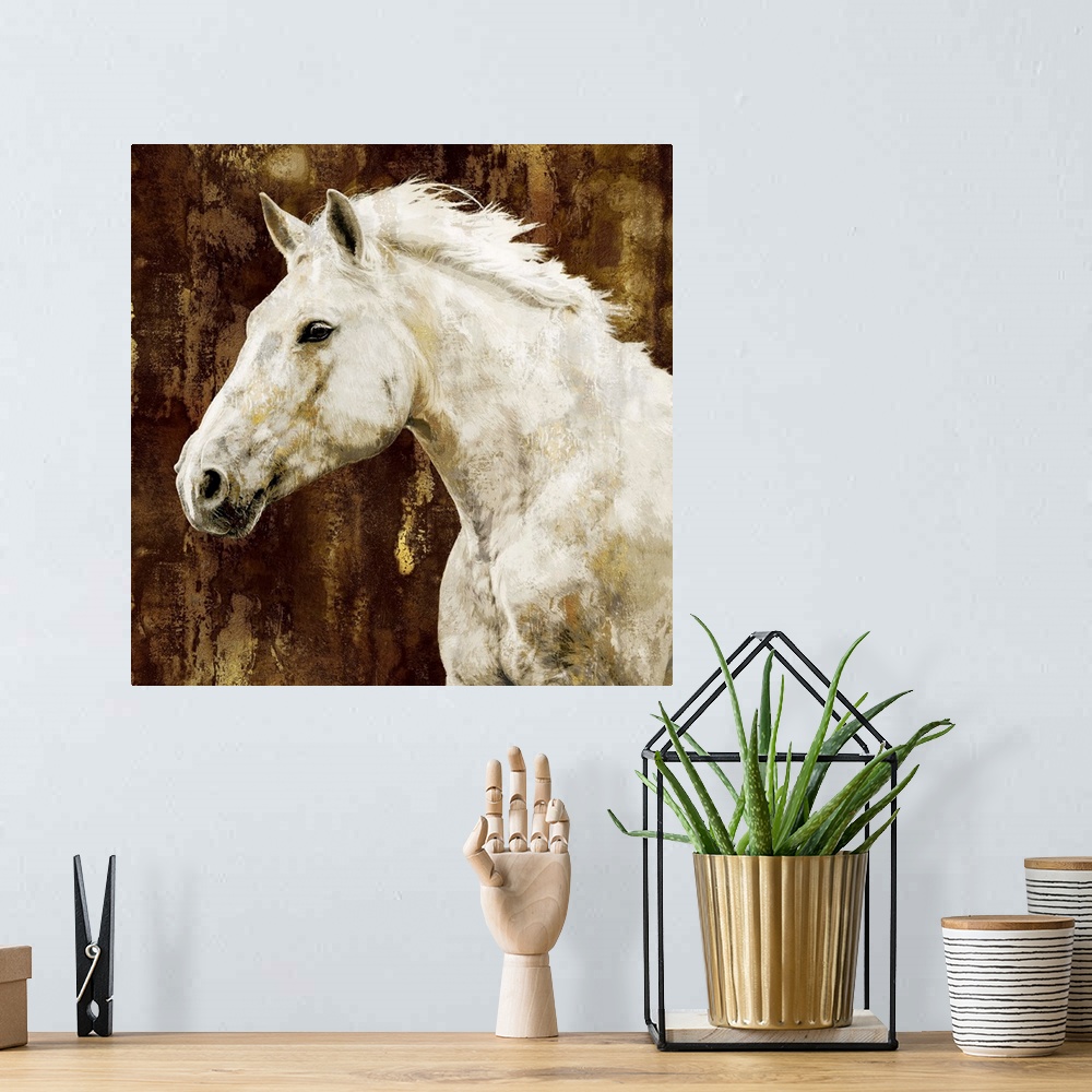 A bohemian room featuring Square decor of a white stallion with its head down on a silver background and gold streaks runni...