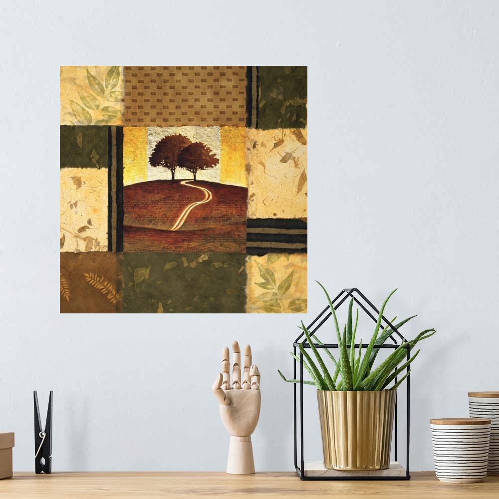 A bohemian room featuring Square artwork of a landscape featuring a path leading to a couple of trees surrounded by a multi...