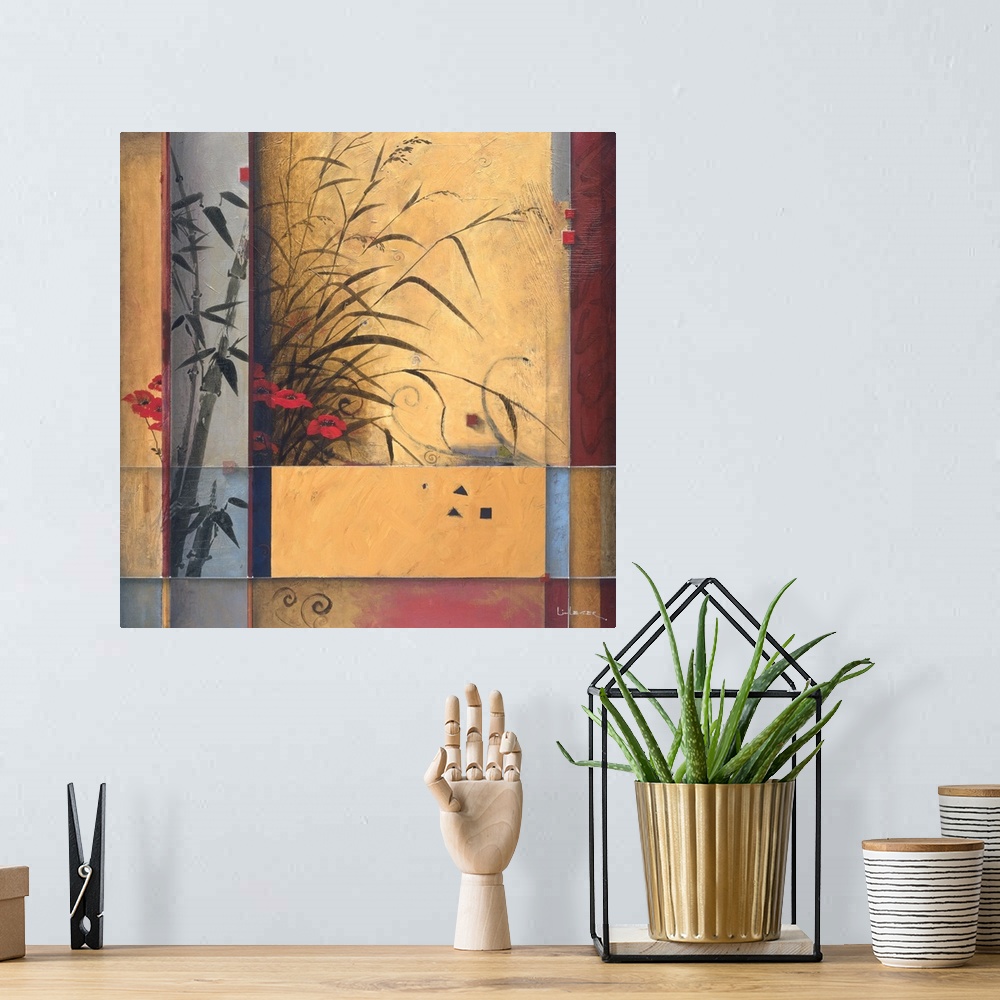 A bohemian room featuring A contemporary painting of bamboo and red flowers with a square grid design border.