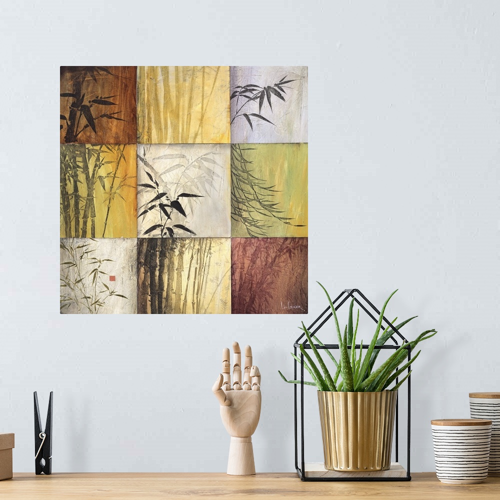 A bohemian room featuring Square painting of nine images of bamboo in different colors and views.