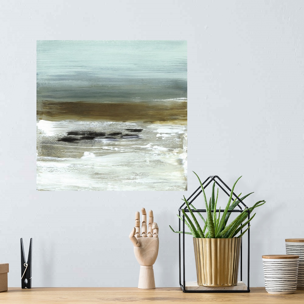 A bohemian room featuring A modern abstract landscape of a beach scene in bold brush strokes of green, blue and white with ...