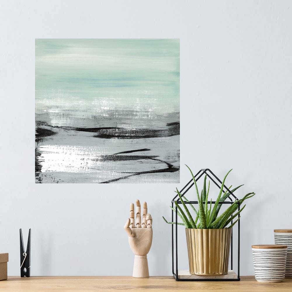 A bohemian room featuring A modern abstract landscape of a beach scene in bold brush strokes of black, gray and teal.