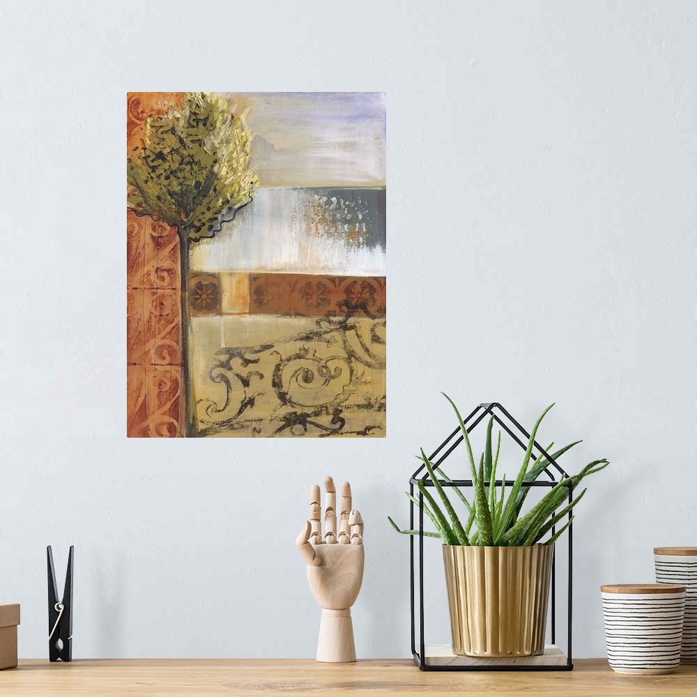 A bohemian room featuring A vertical landscape painting of a tree in front of water with a subtle hint of a gray gate in th...