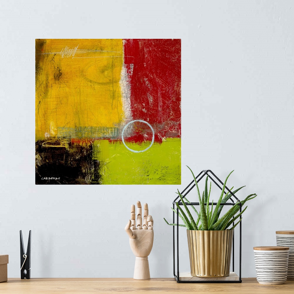 A bohemian room featuring Red, mustard, lime green and black abstract, square.