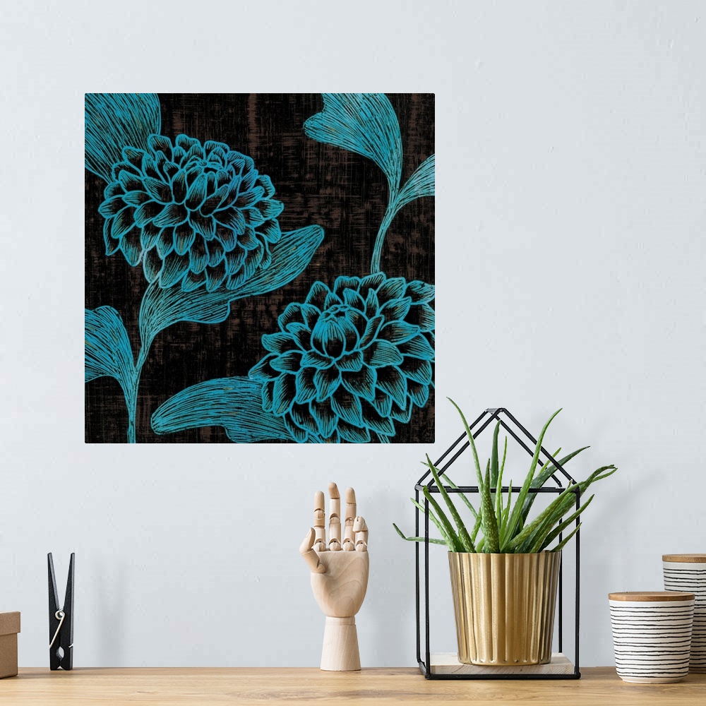 A bohemian room featuring Square contemporary artwork of flowers done in fine lines of teal against of dark backdrop.