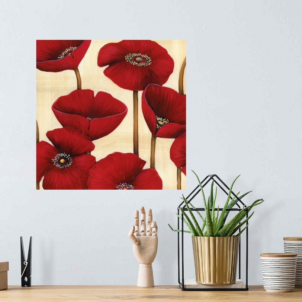 A bohemian room featuring Square contemporary artwork of red poppy flowers against a neutral backdrop.