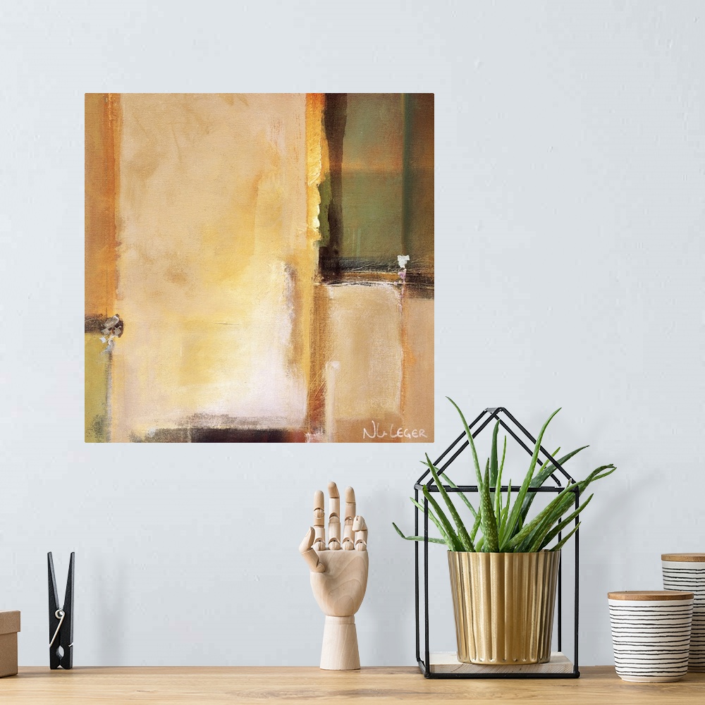 A bohemian room featuring Abstract painting of soft squared shapes overlapping in earth tones.
