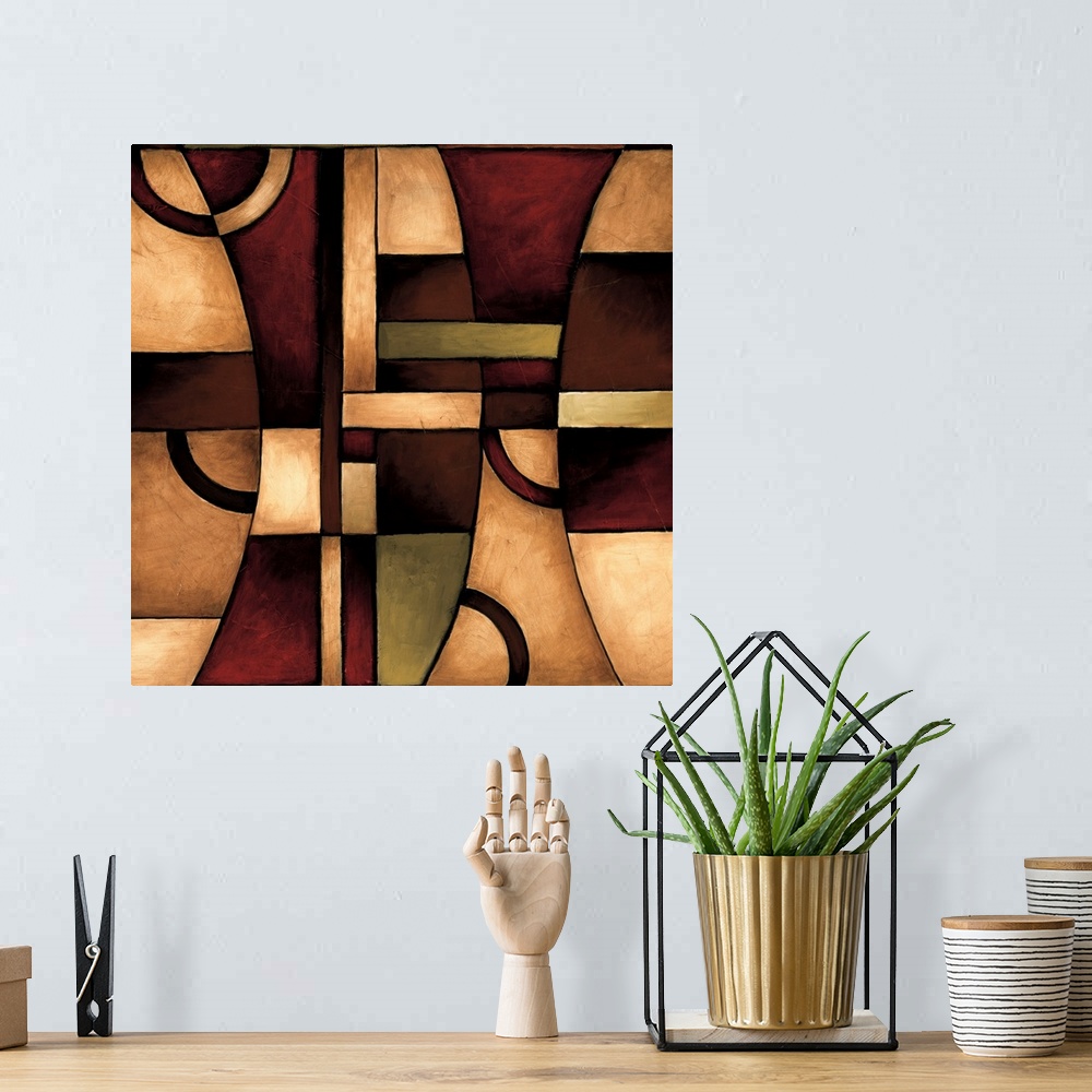 A bohemian room featuring Abstract painting of squared and curved shapes overlapping in earth color tones.