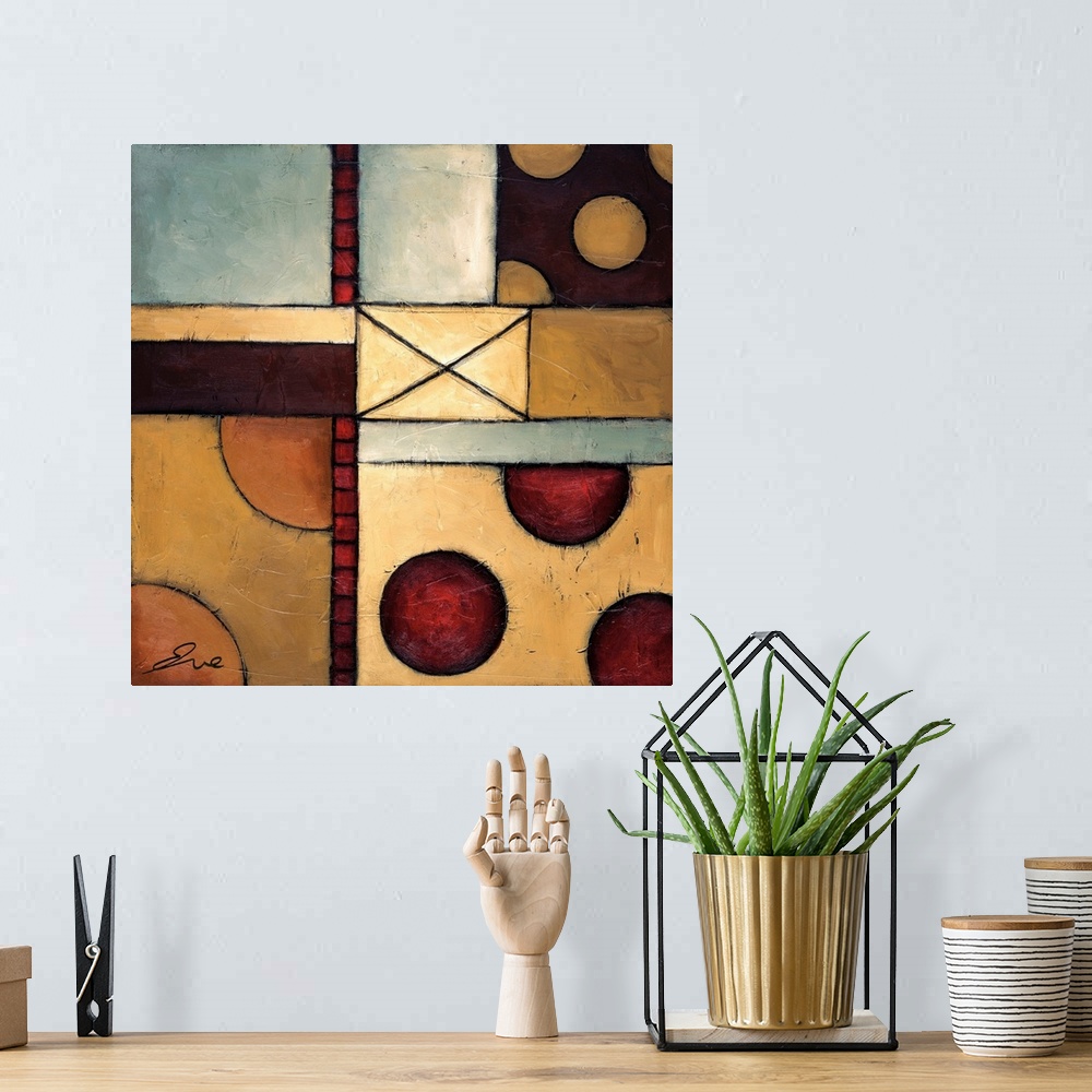 A bohemian room featuring Abstract painting of squared shapes overlapped with circular and "x" elements and a horizontal st...