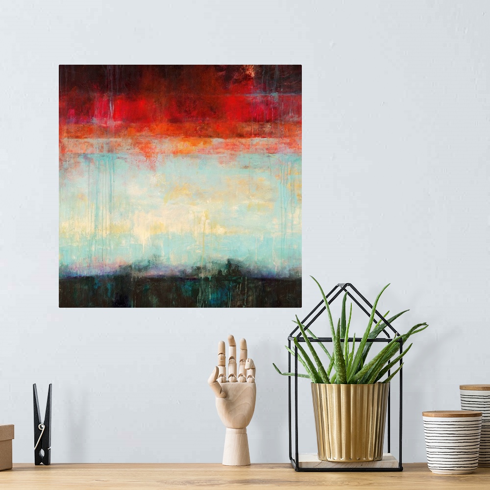 A bohemian room featuring Square abstract landscape of horizontal wide brush strokes of red, blue, cream and black with dri...