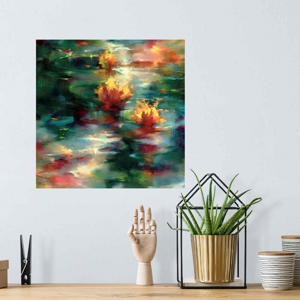 A bohemian room featuring A square abstract of colorful lily pads on the surface of a rippling pond.