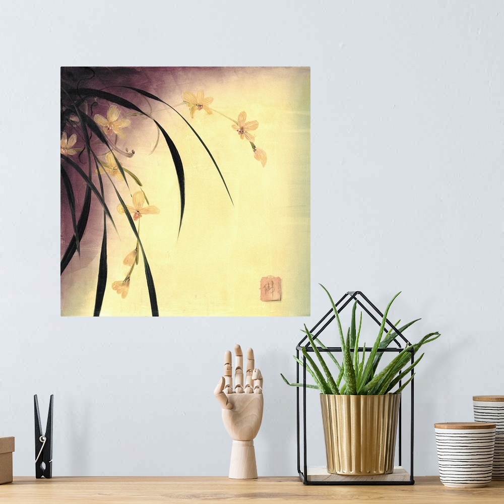A bohemian room featuring Square painting of yellow orchid plant against of yellow background.