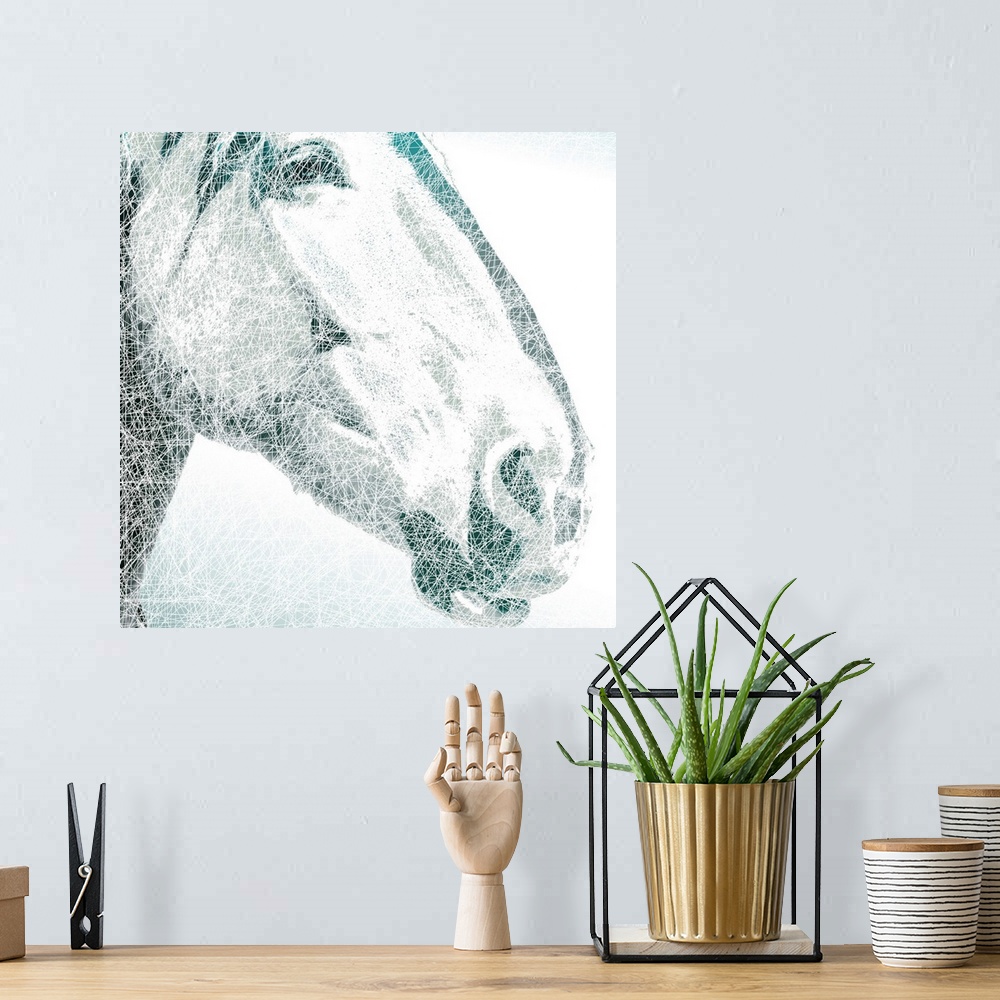A bohemian room featuring A square digital illustration of the face of a horse done in shades of blue and gray with white c...
