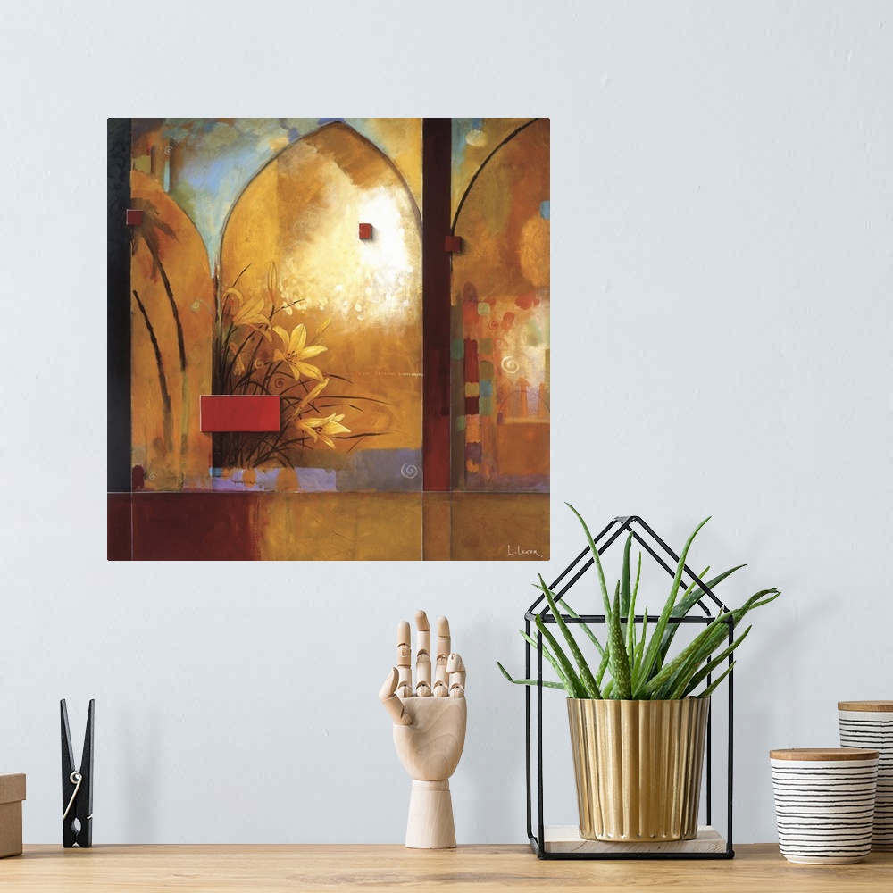 A bohemian room featuring A contemporary painting of lilies in a arched window bordered with a square grid design.
