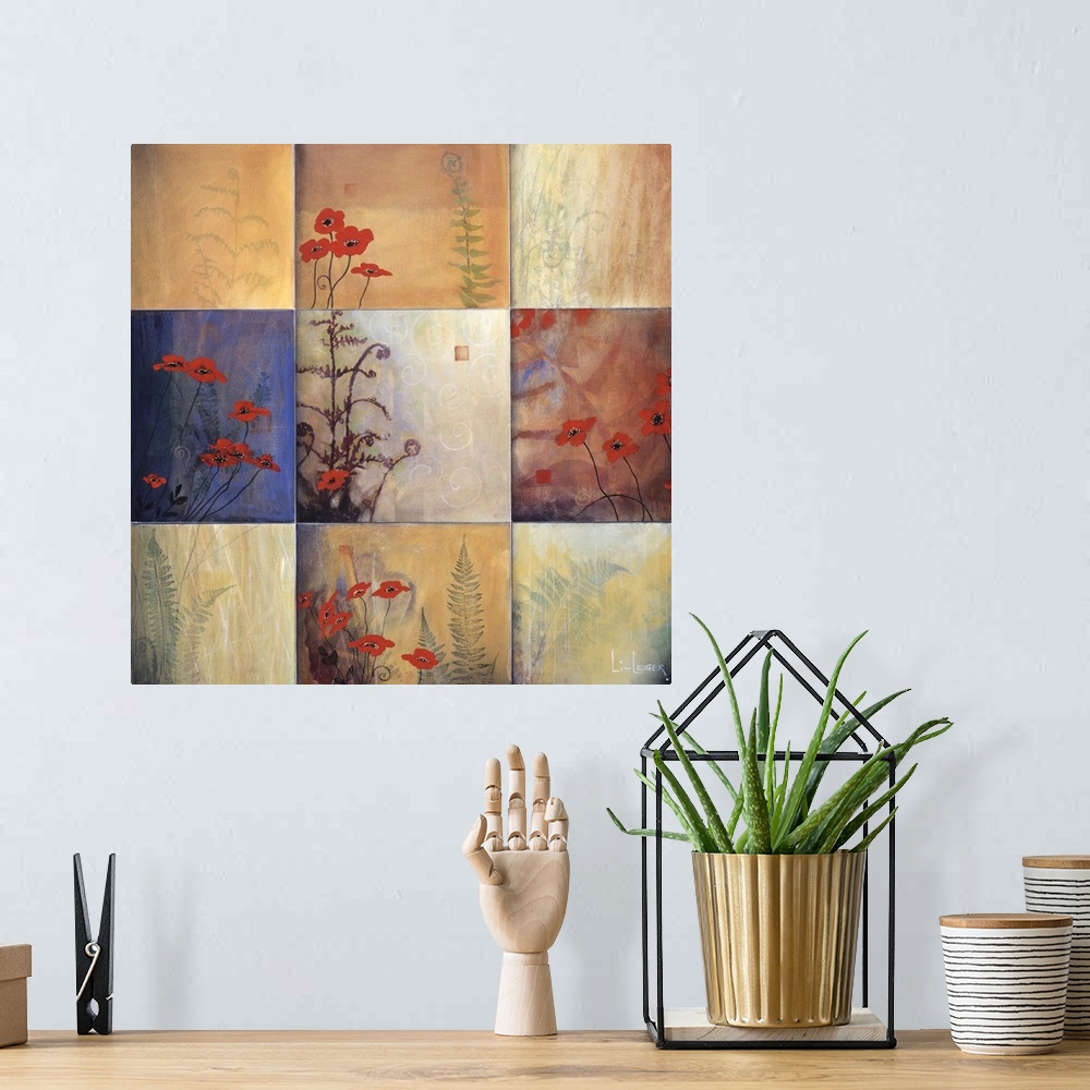 A bohemian room featuring Square painting of nine images of ferns and flowers in different colors and views.