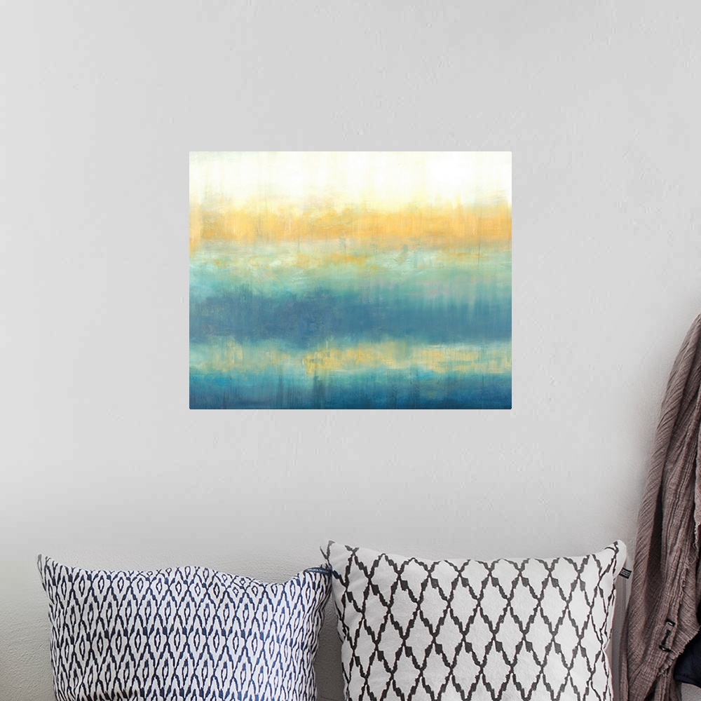 A bohemian room featuring Abstract painting in textured colors of white, yellow and blue.