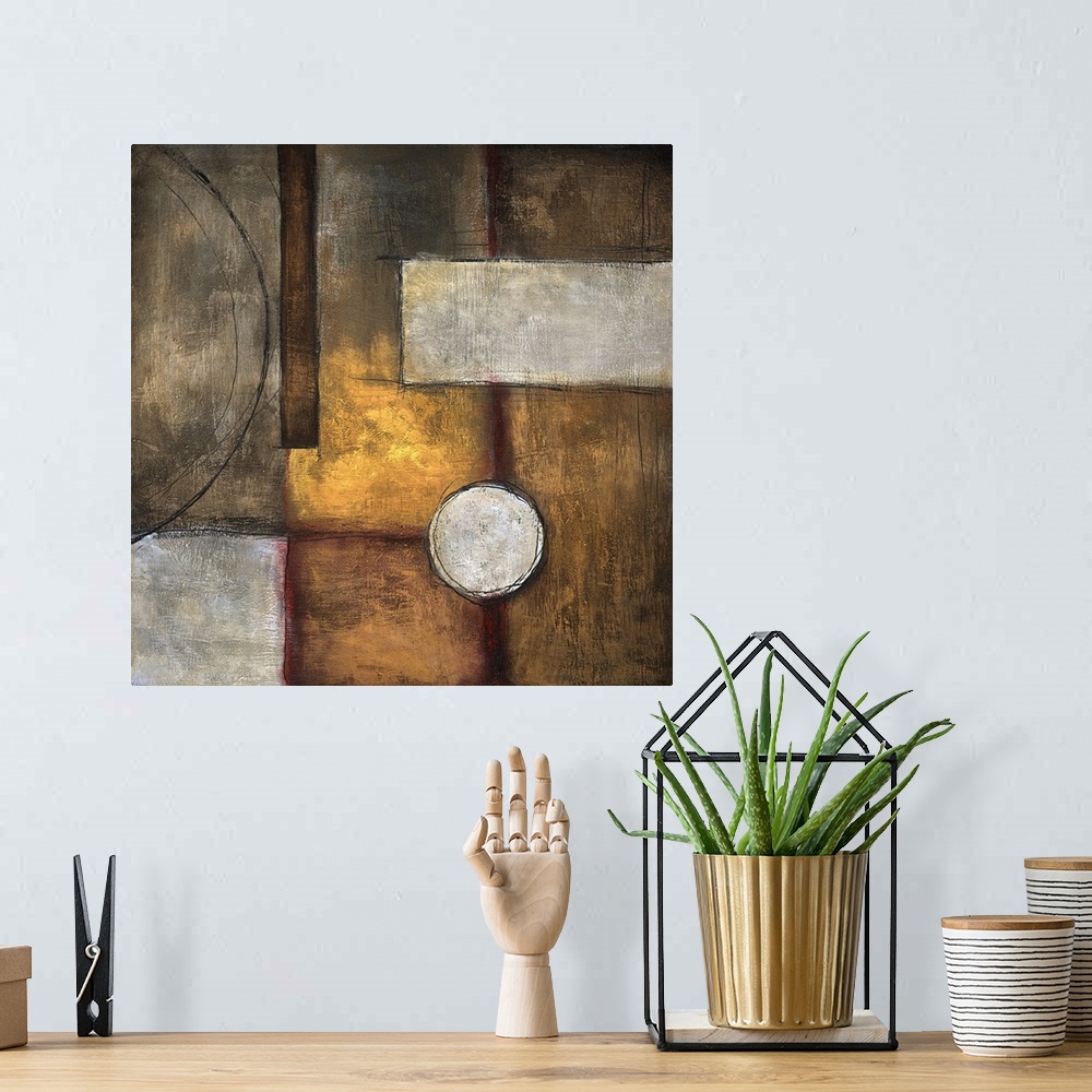 A bohemian room featuring Abstract painting of square and rectangle shapes overlapped with circular elements, all done in e...